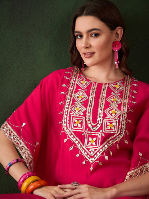 Sangria Geometric Embroidered & Mirror Work Kaftan Kurta With Trouser - Image 2