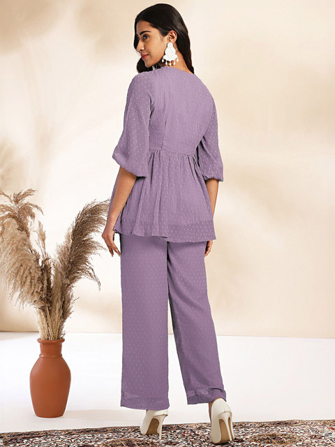 Janasya Self-Design V-Neck Tunic With Trousers - Image 4