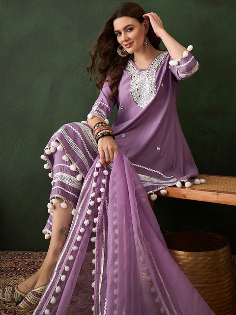 Sangria Purple Floral Embroidered Mirror Work A-Line Kurta With Trousers & Dupatta