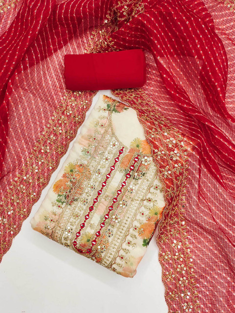 KALINI Floral Digital Printed Mirror Work Chanderi Silk Unstitched Dress Material