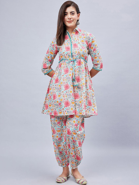 WineRed Floral Printed Shirt Collar Three-Quarter Sleeves Pure Cotton Tunic With Trouser