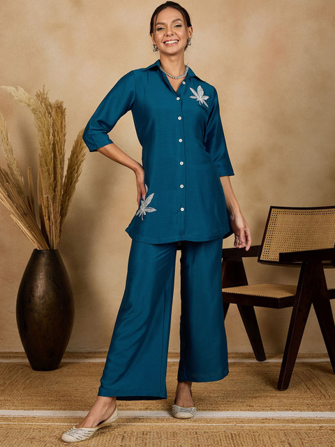 WineRed Floral Embroidered Shirt Collar Three-Quarter Sleeves Shirt With Trouser