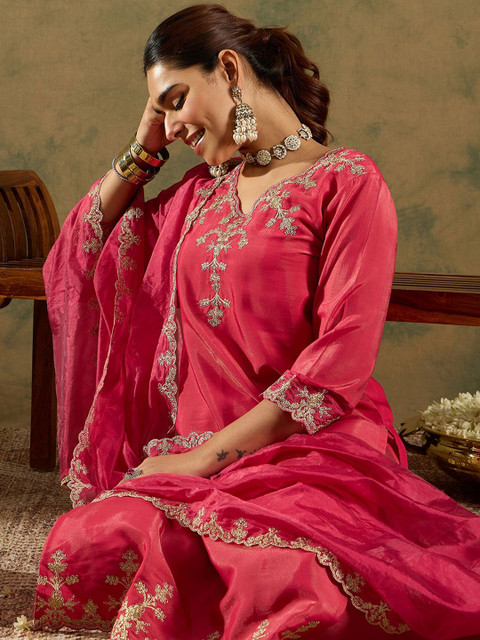Indo Era Floral Embroidered Kurta With Trousers & Dupatta