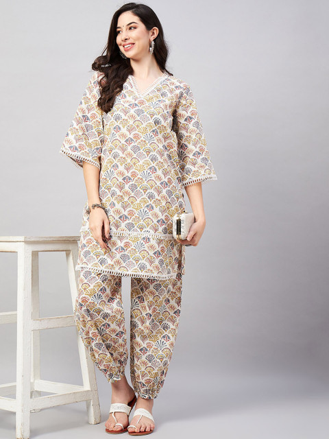 WineRed Floral Printed V-Neck Three-Quarter Sleeves Pure Cotton Top With Trouser