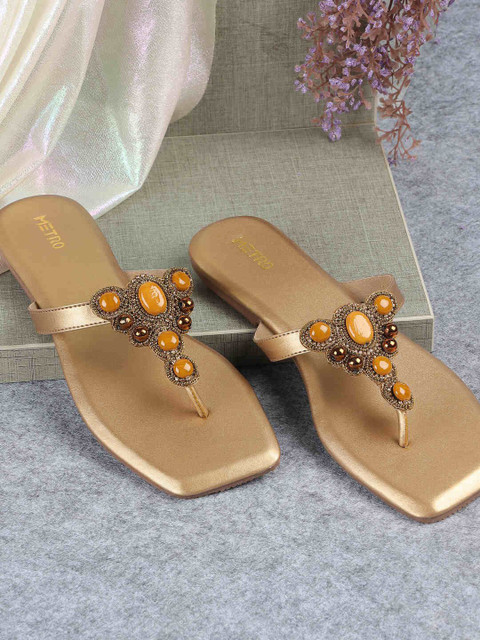 Metro Women Textured T-Strap Flats