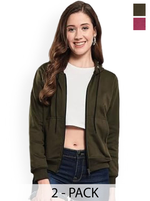 Funday Fashion Women Pack Of 2 Hooded Solid Fleece Casual Open Front Jackets