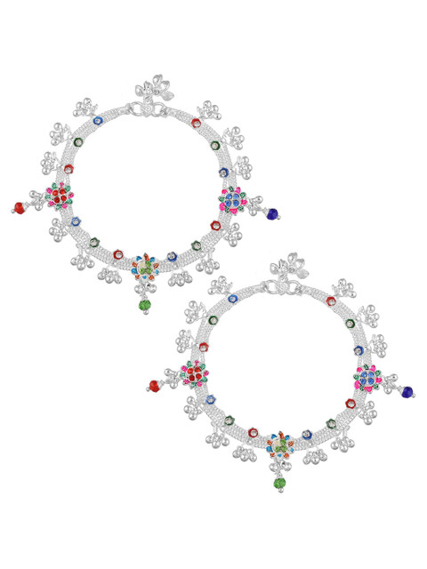 MEMOIR Silver-Plated Cubic Zirconia Stone Studded Payal Pajeb Anklet