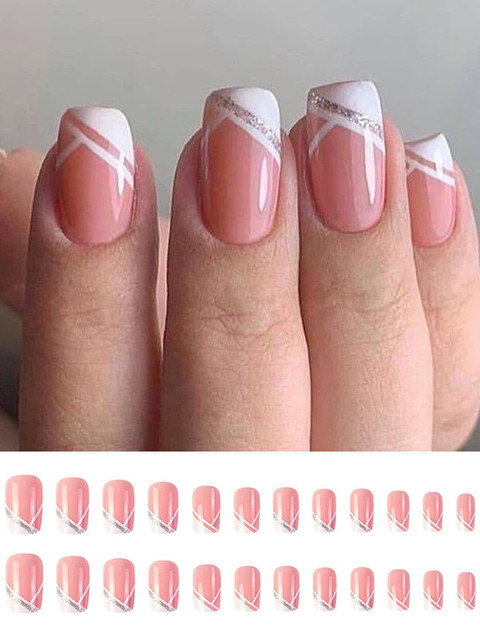 Secret Lives 24 Pieces French Glitter Nails - White