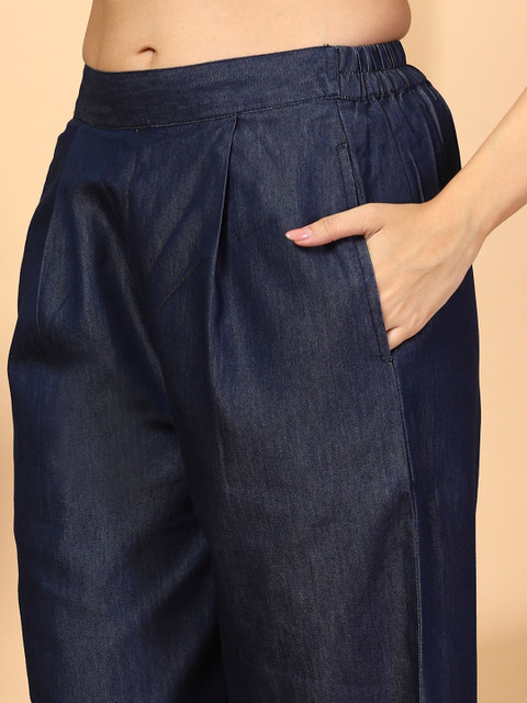 plusS Navy Blue Shirt Collar Long Sleeves Pure Cotton Top With Trouser - Image 3