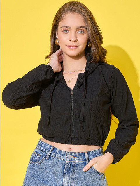 BUY NEW TREND Women Hooded Solid Cotton Casual Bomber Jacket