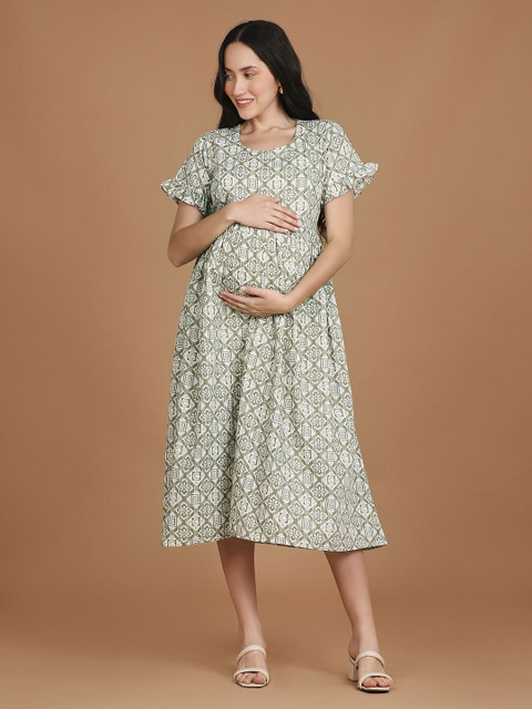 NIGHTSPREE Women Ethnic Motifs Printed Cotton Maternity Fit & Flare Dress