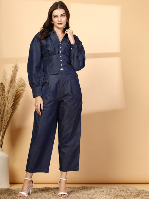 plusS Navy Blue Shirt Collar Long Sleeves Pure Cotton Top With Trouser - Image 6