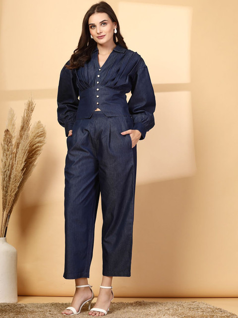 plusS Navy Blue Shirt Collar Long Sleeves Pure Cotton Top With Trouser