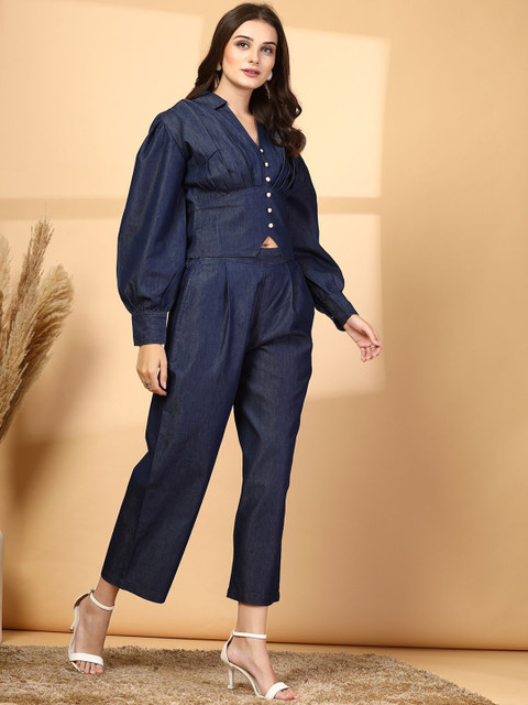 plusS Navy Blue Shirt Collar Long Sleeves Pure Cotton Top With Trouser - Image 4