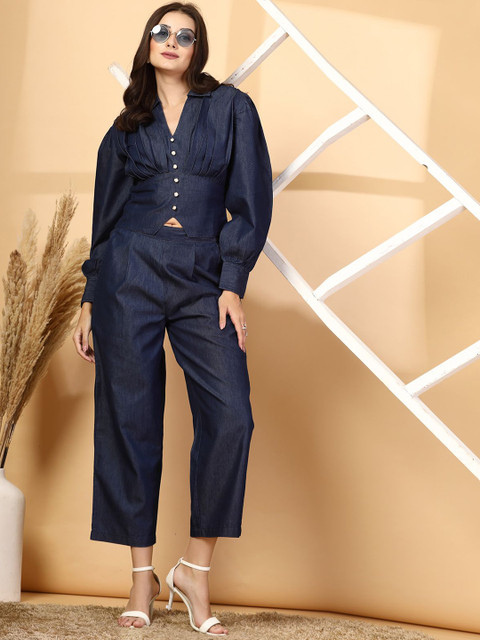 plusS Navy Blue Shirt Collar Long Sleeves Pure Cotton Top With Trouser - Image 7