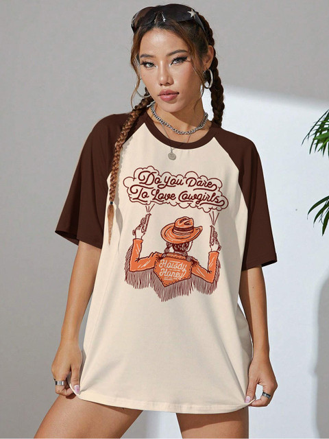 JUNEBERRY Women Brown & Beige Printed Round Neck Raglan Sleeve Oversized T-shirt