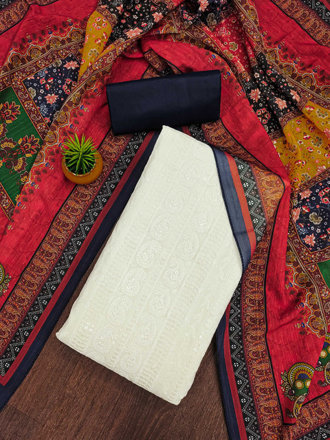 KALINI Paisley Embroidered Sequinned Pure Cotton Unstitched Dress Material