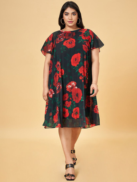 Honey Curvytude by Pantaloons Women Plus Size Floral Print Cape Sleeve A-Line Dress