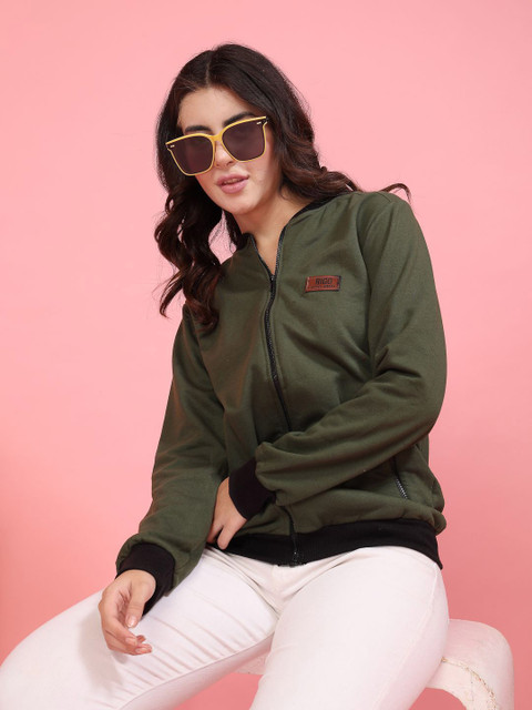 Rigo Women Stand Collar Solid Fleece Casual Bomber Jacket