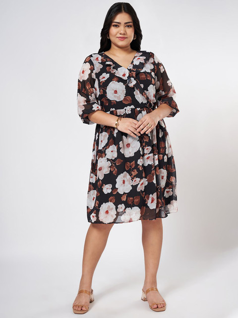 Honey Curvytude by Pantaloons Floral Printed Plus Size V-Neck Fit & Flare Dress