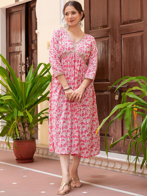 KPF Floral Embroidered V-Neck Empire Styled Sequined Anarkali Kurta