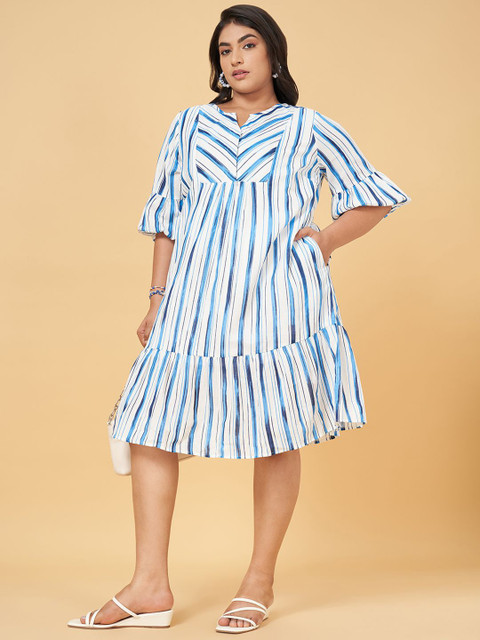 Honey Curvytude by Pantaloons Women Plus Size Striped Bell Sleeve A-Line Dress