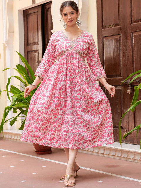 KPF Floral Embroidered V-Neck Empire Styled Sequined Anarkali Kurta - Image 6