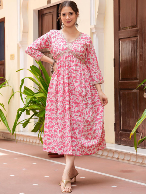 KPF Floral Embroidered V-Neck Empire Styled Sequined Anarkali Kurta - Image 5