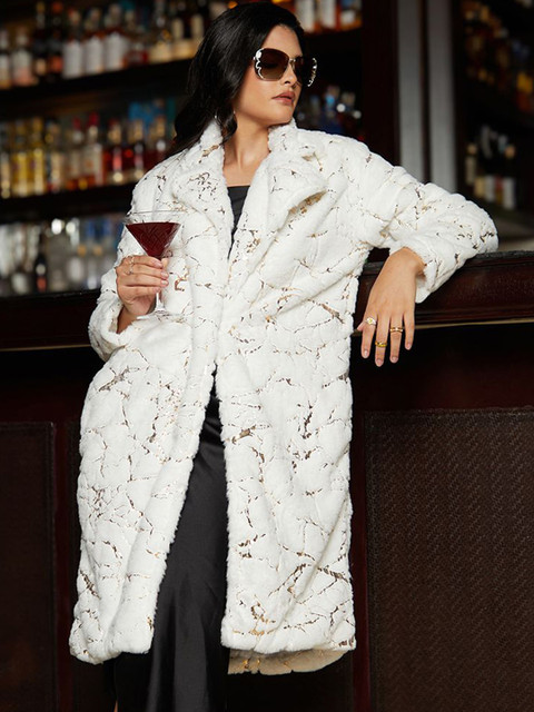 Campus Sutra Women Self-Design Notched Lapel Collar Single-Breasted Overcoat