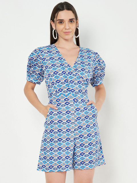 BRINNS Women Ethnic Motifs Printed V-neck Puff Sleeves Jumpsuit