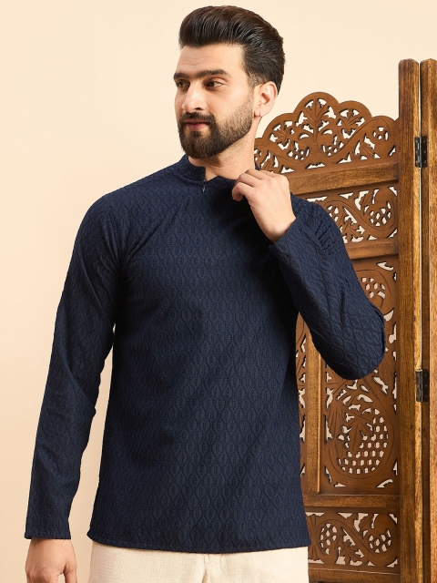 Anouk Navy Blue Chevron Woven Design Mandarin Collar Long Sleeves Regular Straight Short Kurta