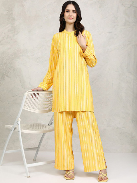 Vishudh Yellow Striped Band Collar Long Sleeves Top With Palazzo