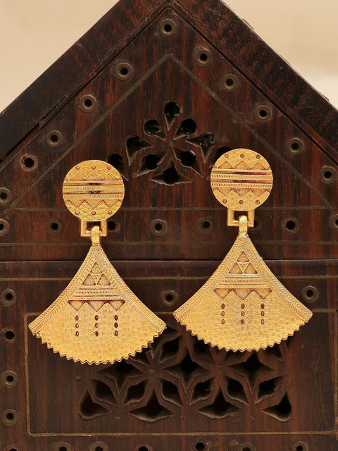 KARATCART Antique Gold Plated Engraved Tribal Drop Earrings