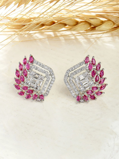 KARATCART Silver-Plated American Diamond Leaf Design Studs