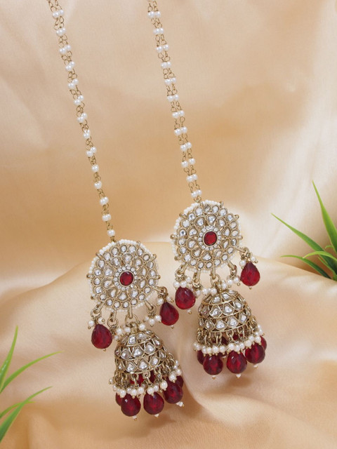 I Jewels Gold-Plated Kundan Studded & Pearls Dome Shaped Jhumkas With Attachable Ear Chain
