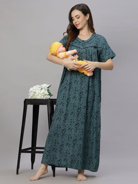 QUIRA Women Floral Printed Maternity Maxi Nightdress