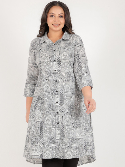 Aramya Geometric Printed Shirt Collar Three-Quarter Sleeves Pure Cotton A-Line Kurta