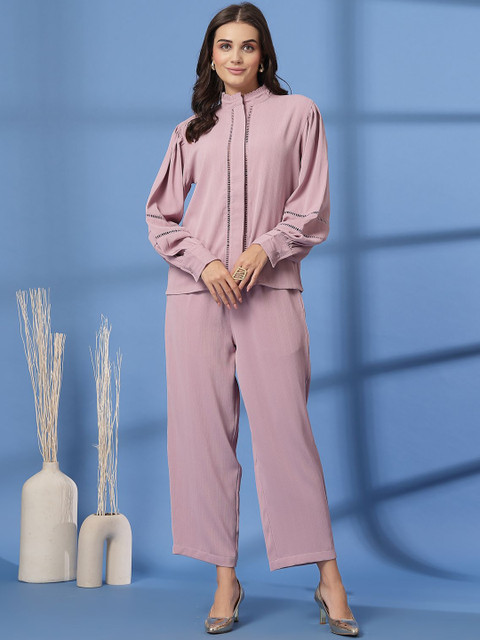 plusS Pink Mandarin Collar Shirt With Trousers
