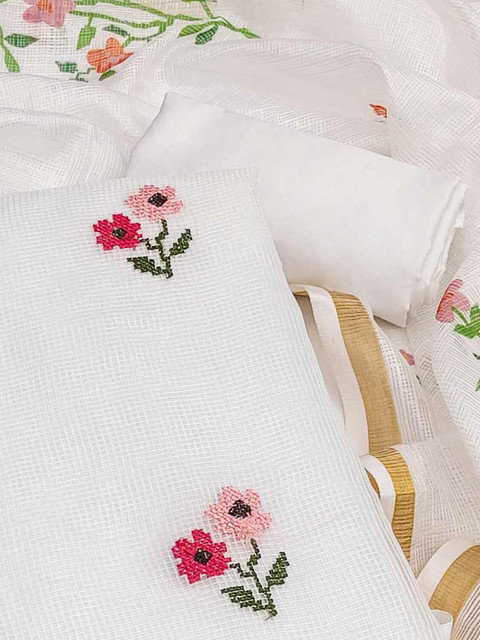 Peachmode Floral Embroidered Kota Doria Unstitched Dress Material - Image 2