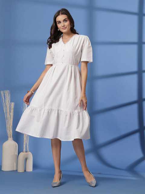 plusS Fit & Flare Cotton Tiered V-Neck Midi Dress