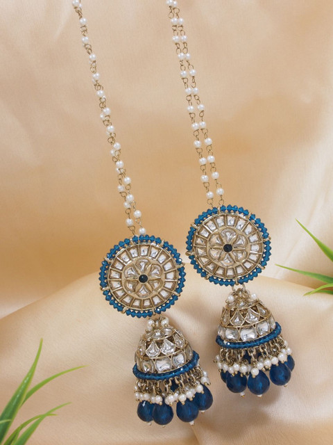 I Jewels Gold-Plated Kundan Studded & Pearls Dome Shaped Jhumkas With Attachable Ear Chain