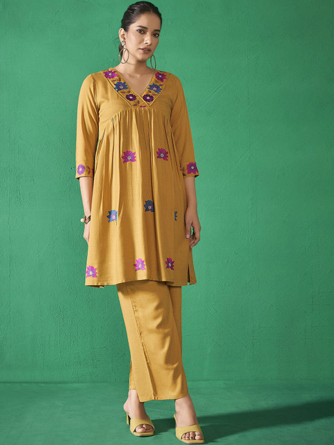 Anouk Mustard Yellow V-Neck Embroidered Liva Top With Trousers
