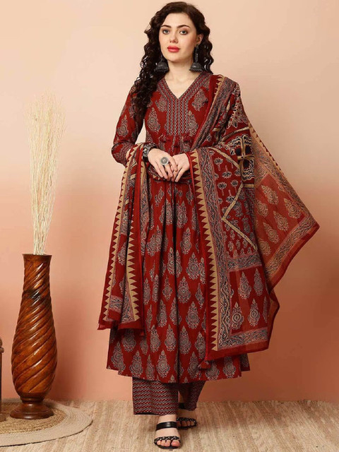 KALINI Ethnic Motifs Printed V-Neck Straight Kurta with Trousers & Dupatta