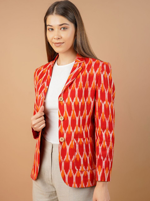 INDOPHILIA Ikat Printed Cotton Notched Lapel Collar Cotton Single Breasted Blazer - Image 3