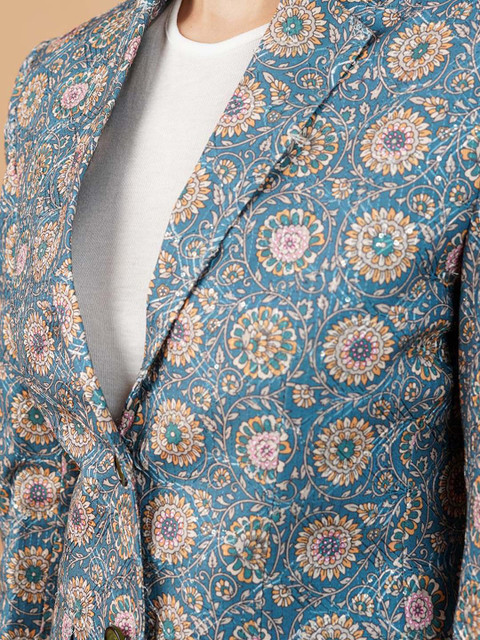 INDOPHILIA Floral Printed Notched Lapel Collar Single-Breasted Cotton Blazer - Image 2