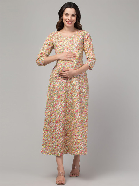Zuvino Women Floral Printed Cotton Maternity A-Line Midi Dress