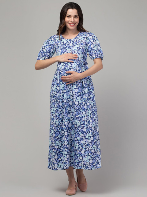 Zuvino Floral Print Puff Sleeve Maternity Fit & Flare Midi Dress
