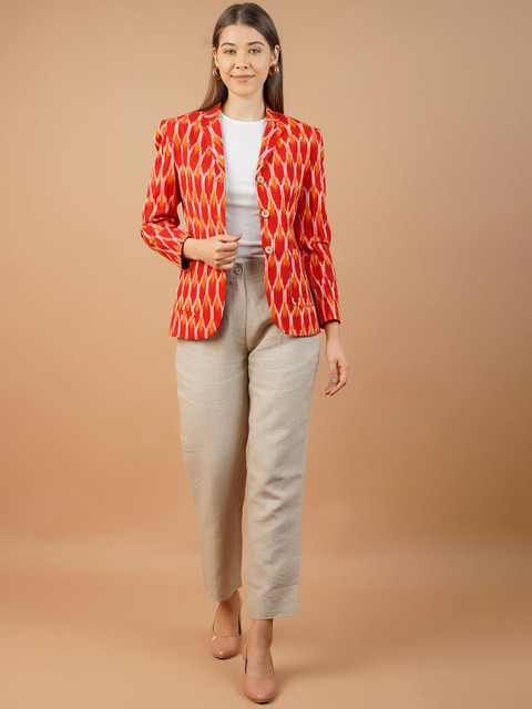 INDOPHILIA Ikat Printed Cotton Notched Lapel Collar Cotton Single Breasted Blazer - Image 5