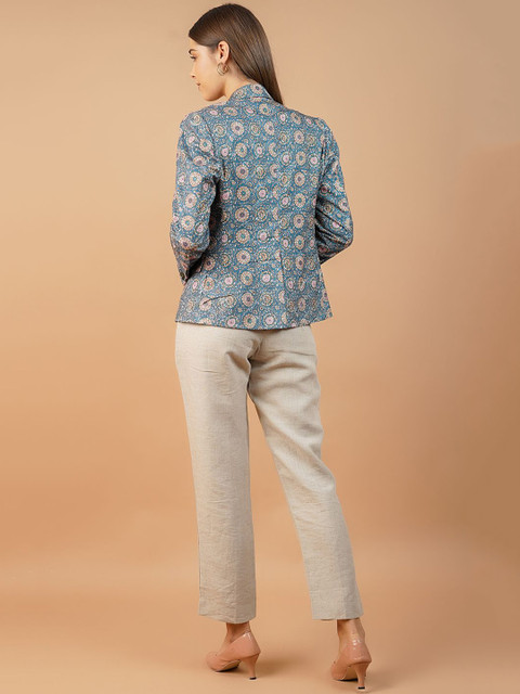 INDOPHILIA Floral Printed Notched Lapel Collar Single-Breasted Cotton Blazer - Image 4