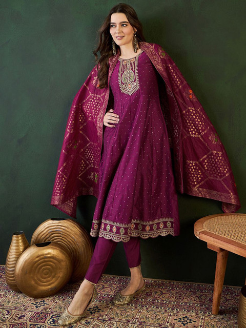 Sangria Floral Embroidered Layered Kurta with Trouser & Dupatta
